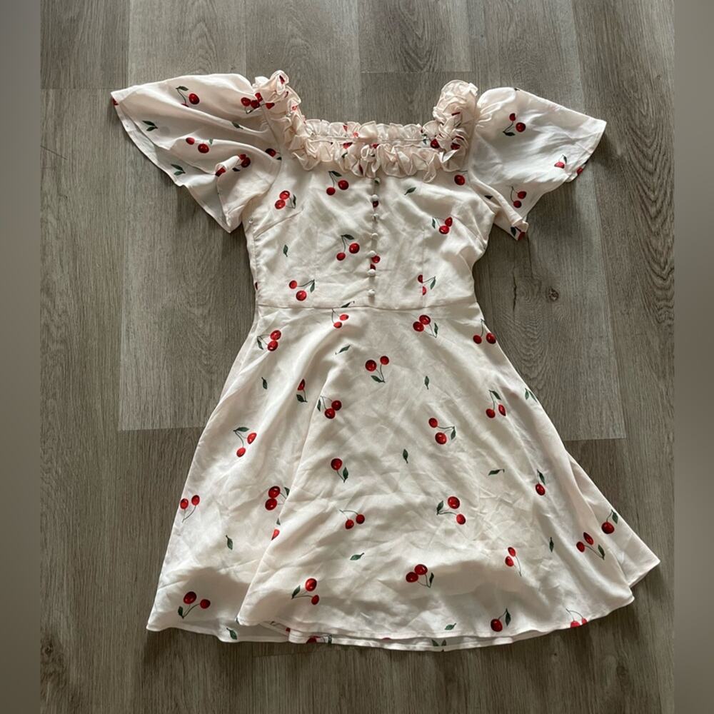 quanta du soleil cream & red cheri ruffle neckline button detail mini dress XS